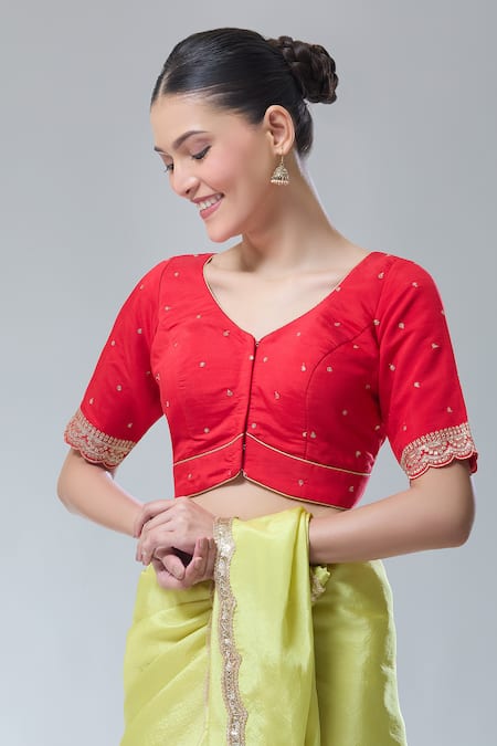 Shop_Naintara Bajaj_Red Silk Sequins, Zari Open Neck Embroidered Saree Blouse _Online_at_Aza_Fashions