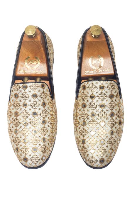 Buy Domani Beige Geometric Embroidered Slip-on Shoes Online at Aza Fashions Buy_Domani_Beige Geometric Embroidered Slip-on Shoes _Online_at_Aza_Fashions