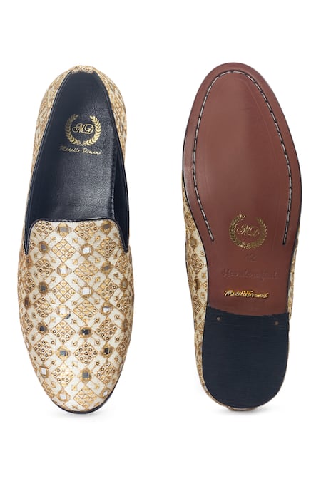 Domani Beige Geometric Embroidered Slip-On Shoes 