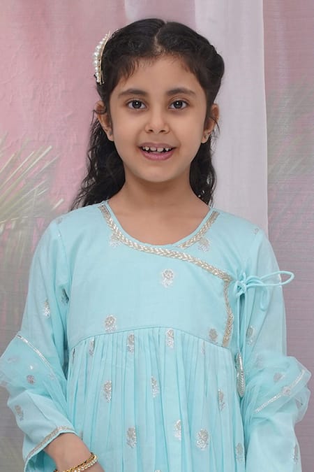 Little Bansi_Blue Cotton Zari, Lace Floral Embroidered Angarkha Set _Online_at_Aza_Fashions