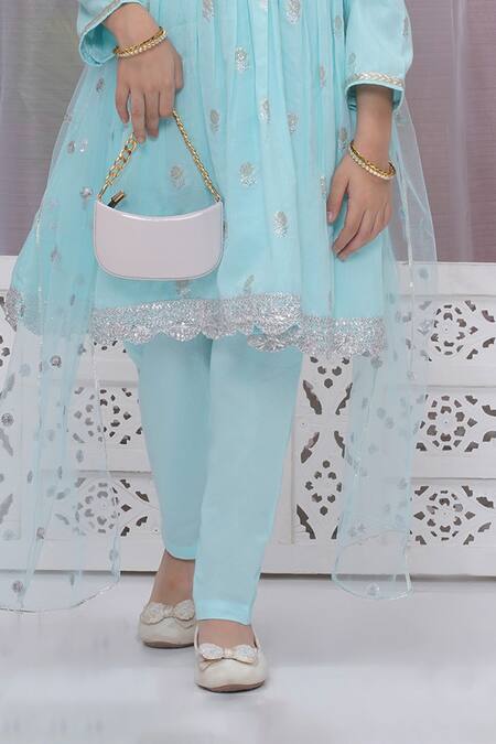 Buy_Little Bansi_Blue Cotton Zari, Lace Floral Embroidered Angarkha Set _Online_at_Aza_Fashions