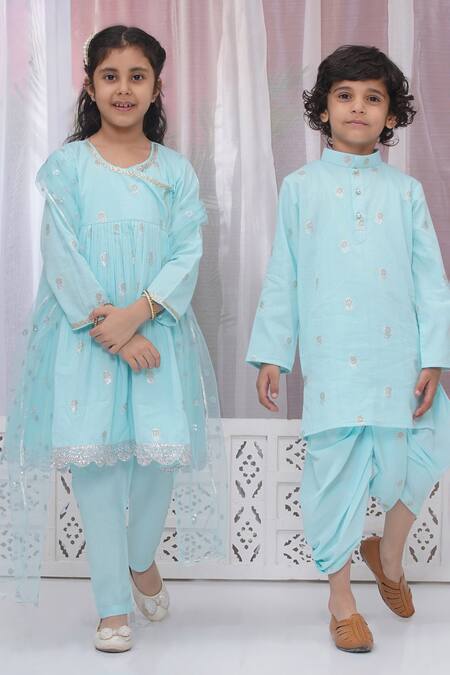 Shop_Little Bansi_Blue Cotton Zari, Lace Floral Embroidered Angarkha Set _Online_at_Aza_Fashions