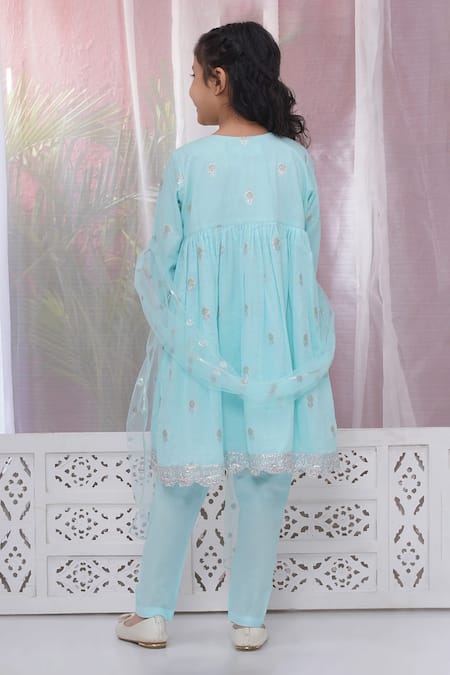 Shop_Little Bansi_Blue Cotton Zari, Lace Floral Embroidered Angarkha Set _at_Aza_Fashions