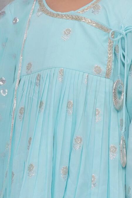 Little Bansi_Blue Cotton Zari, Lace Floral Embroidered Angarkha Set _at_Aza_Fashions