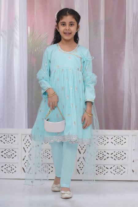 Buy_Little Bansi_Blue Cotton Zari, Lace Floral Embroidered Angarkha Set 