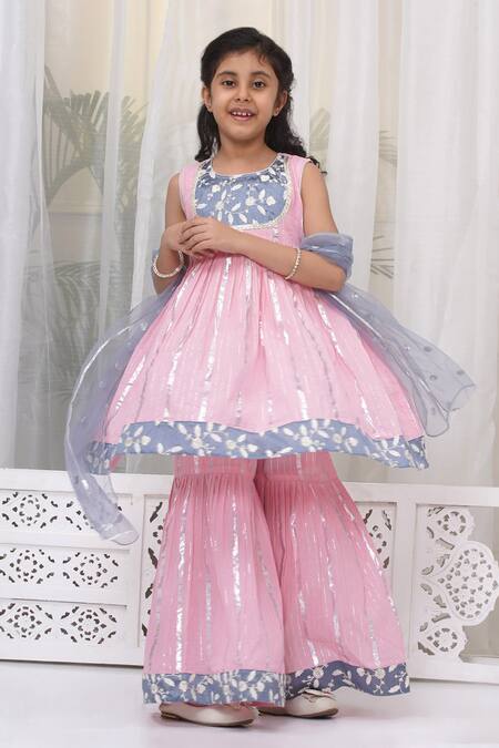 Little Bansi Pink Cotton, Chiffon Embroidery Floral Thread Kurta Sharara Set Online at Aza Fashions Little Bansi_Pink Cotton, Chiffon Embroidery Floral Thread Kurta Sharara Set _Online_at_Aza_Fashions