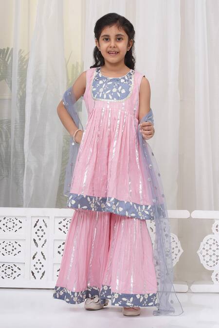 Buy Little Bansi Pink Cotton, Chiffon Embroidery Floral Thread Kurta Sharara Set Online at Aza Fashions Buy_Little Bansi_Pink Cotton, Chiffon Embroidery Floral Thread Kurta Sharara Set _Online_at_Aza_Fashions