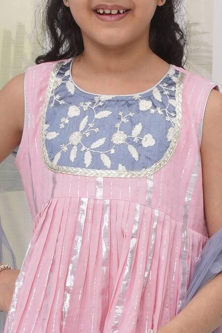 Shop Little Bansi Pink Cotton, Chiffon Embroidery Floral Thread Kurta Sharara Set Online at Aza Fashions Shop_Little Bansi_Pink Cotton, Chiffon Embroidery Floral Thread Kurta Sharara Set _Online_at_Aza_Fashions