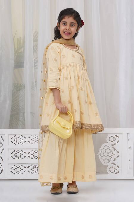 Buy Little Bansi Yellow Cotton Embroidery Paisley Angarkha Set Online at Aza Fashions Buy_Little Bansi_Yellow Cotton Embroidery Paisley Angarkha Set _Online_at_Aza_Fashions