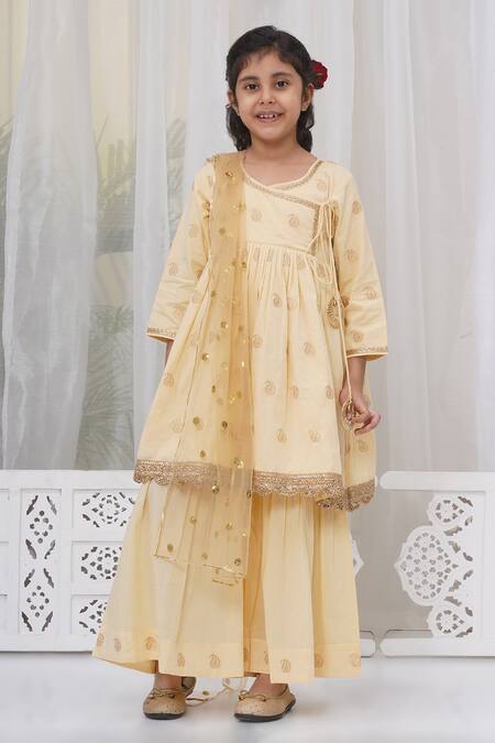 Buy Little Bansi Yellow Cotton Embroidery Paisley Angarkha Set Buy_Little Bansi_Yellow Cotton Embroidery Paisley Angarkha Set