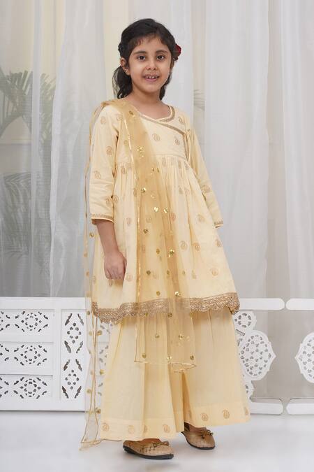 Shop Little Bansi Yellow Cotton Embroidery Paisley Angarkha Set Shop_Little Bansi_Yellow Cotton Embroidery Paisley Angarkha Set