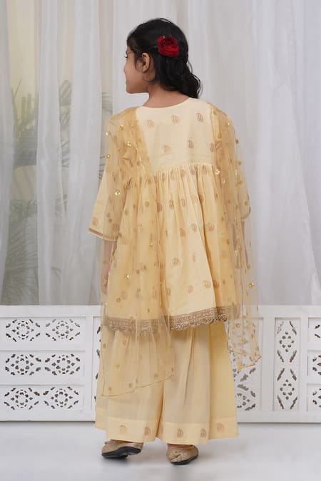 Shop Little Bansi Yellow Cotton Embroidery Paisley Angarkha Set at Aza Fashions Shop_Little Bansi_Yellow Cotton Embroidery Paisley Angarkha Set _at_Aza_Fashions