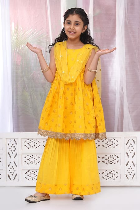 Buy Little Bansi Yellow Cotton Embroidery, Sequins, Zari Floral Kurta Set Buy_Little Bansi_Yellow Cotton Embroidery, Sequins, Zari Floral Kurta Set