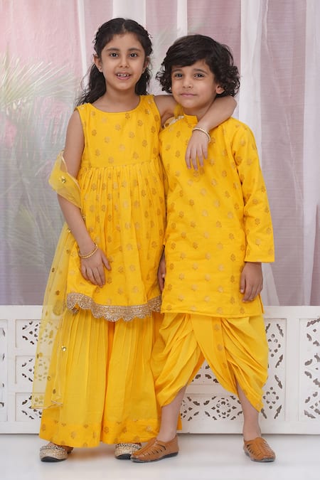 Shop Little Bansi Yellow Cotton Embroidery, Sequins, Zari Floral Kurta Set Shop_Little Bansi_Yellow Cotton Embroidery, Sequins, Zari Floral Kurta Set