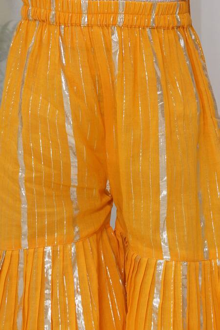 Little Bansi_Yellow Cotton Embroidery Floral Thread Kurta Set _at_Aza_Fashions