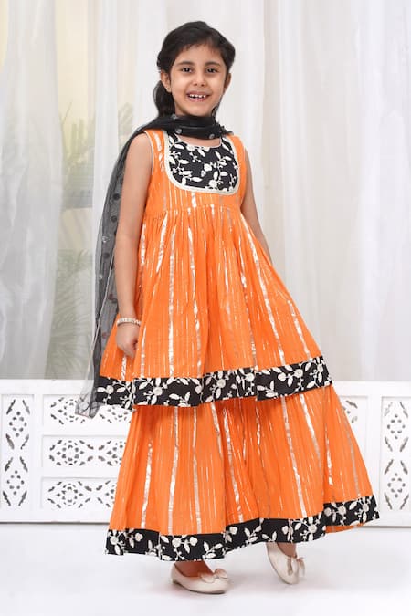 Little Bansi_Orange Cotton, Chiffon Embroidery Floral Thread Kurta Sharara Set _Online_at_Aza_Fashions