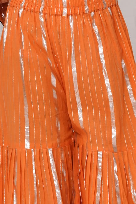 Little Bansi_Orange Cotton, Chiffon Embroidery Floral Thread Kurta Sharara Set _at_Aza_Fashions