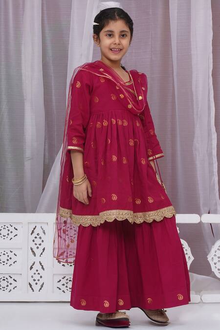 Little Bansi_Red Cotton, Chiffon Zari, Lace Floral Embroidered Angarkha Set_Online_at_Aza_Fashions