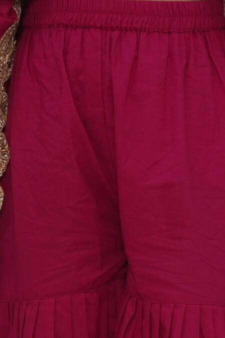 Little Bansi_Red Cotton, Chiffon Zari, Lace Floral Embroidered Angarkha Set_at_Aza_Fashions