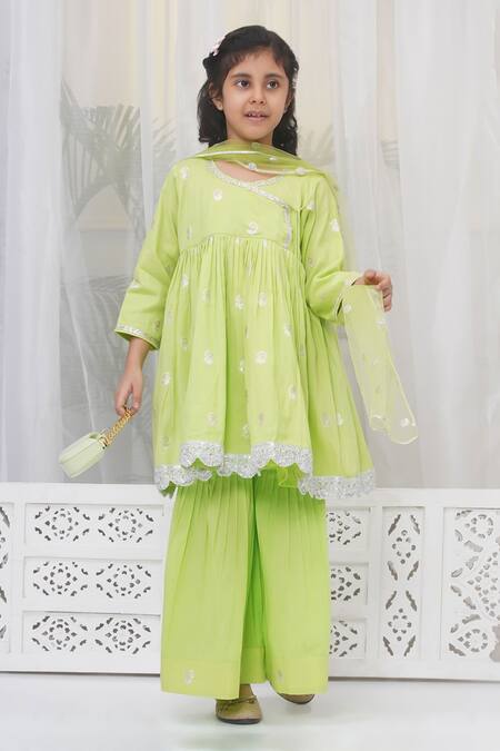 Little Bansi_Green Cotton Embroidery, Lace Floral Zari Angarkha Set_Online_at_Aza_Fashions