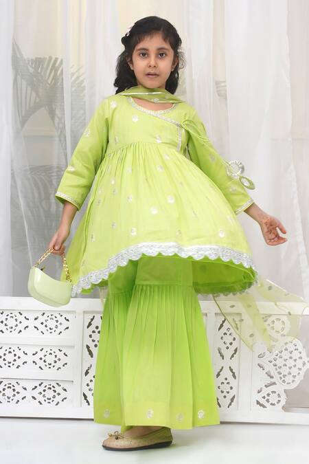 Buy_Little Bansi_Green Cotton Embroidery, Lace Floral Zari Angarkha Set_Online_at_Aza_Fashions