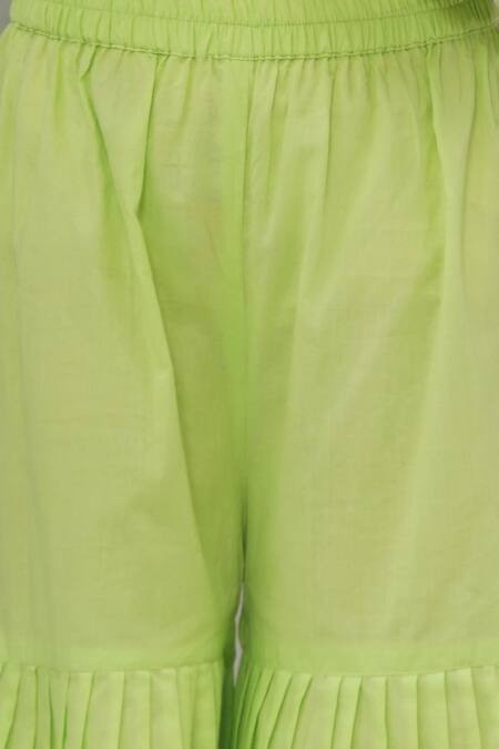 Shop_Little Bansi_Green Cotton Embroidery, Lace Floral Zari Angarkha Set_Online_at_Aza_Fashions