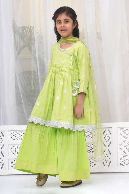 Little Bansi_Green Cotton Embroidery, Lace Floral Zari Angarkha Set_at_Aza_Fashions