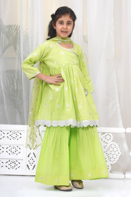 Buy_Little Bansi_Green Cotton Embroidery, Lace Floral Zari Angarkha Set