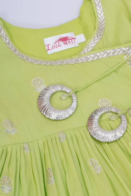 Shop_Little Bansi_Green Cotton Embroidery, Lace Floral Zari Angarkha Set
