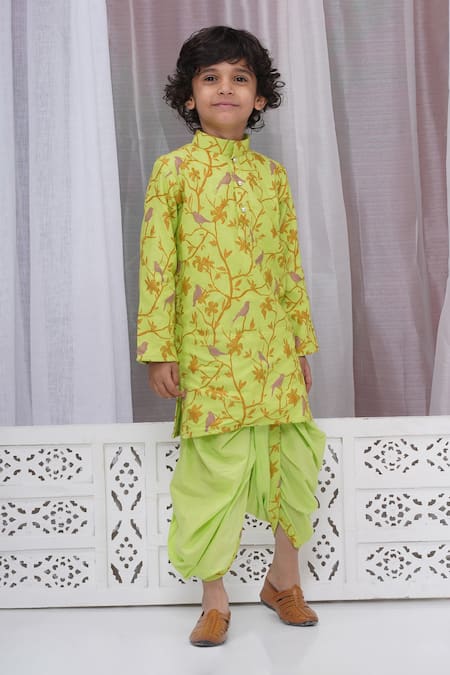 Buy_Little Bansi_Green Cotton Embroidery Floral And Bird Kurta Set _Online_at_Aza_Fashions