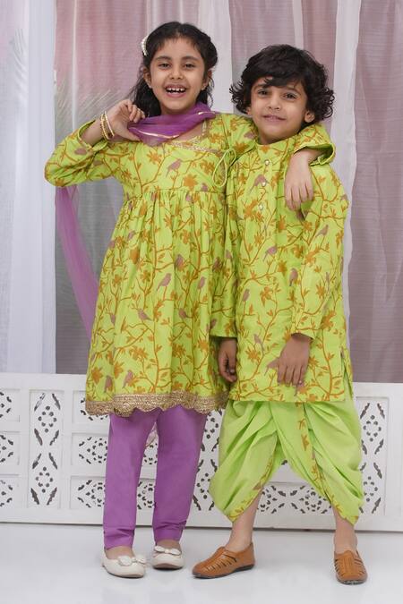 Shop_Little Bansi_Green Cotton Embroidery Floral And Bird Kurta Set _Online_at_Aza_Fashions