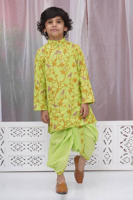 Little Bansi_Green Cotton Embroidery Floral And Bird Kurta Set _at_Aza_Fashions