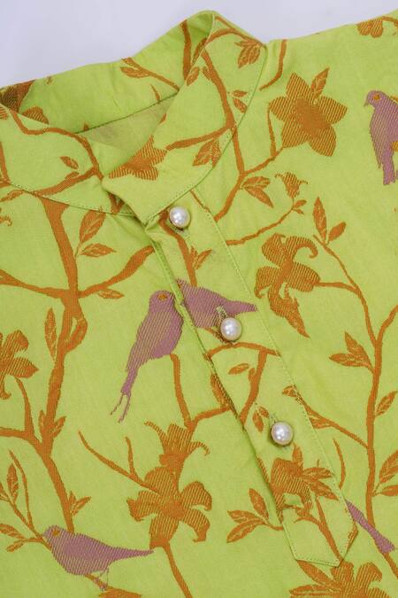 Buy_Little Bansi_Green Cotton Embroidery Floral And Bird Kurta Set 