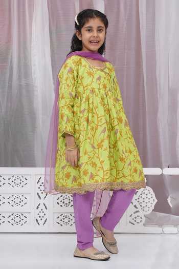 Buy_Little Bansi_Green Cotton Lace, Zari Paisley Embroidered Angarkha Set _Online_at_Aza_Fashions