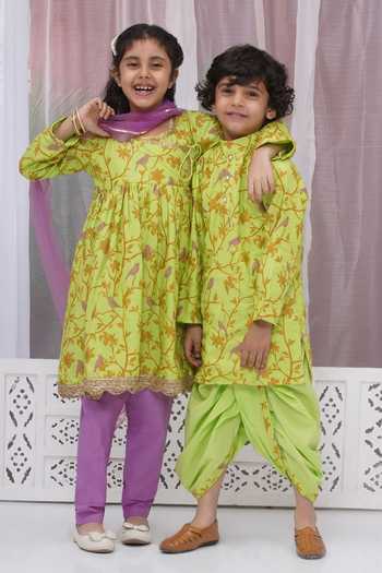 Shop_Little Bansi_Green Cotton Lace, Zari Paisley Embroidered Angarkha Set _Online_at_Aza_Fashions