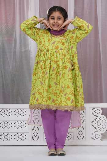 Little Bansi_Green Cotton Lace, Zari Paisley Embroidered Angarkha Set _at_Aza_Fashions