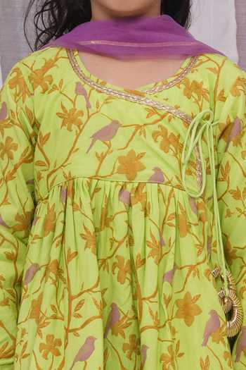 Buy_Little Bansi_Green Cotton Lace, Zari Paisley Embroidered Angarkha Set 