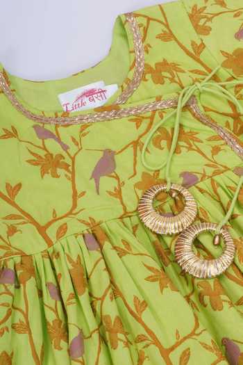 Shop_Little Bansi_Green Cotton Lace, Zari Paisley Embroidered Angarkha Set 