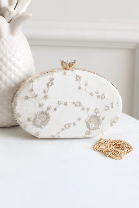 Boxwish By Bhumika Cream Zari, Sequins Embroidered Clutch 