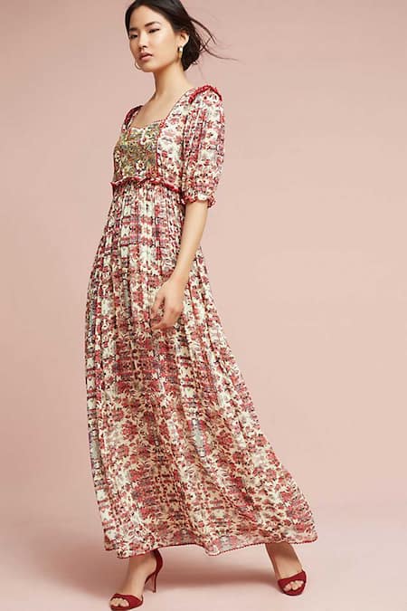 Bhanuni By Jyoti White Viscose Crepe Square Neck Floral Printed Maxi Dress 