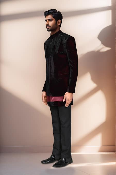 Buy Arihant Rai Sinha Maroon Satin, Terrycloth, Silk Cut Work Cutdana Embroidered Prince Coat Set Buy_Arihant Rai Sinha_Maroon Satin, Terrycloth, Silk Cut Work Cutdana Embroidered Prince Coat Set