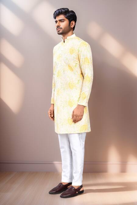 Arihant Rai Sinha_Yellow Rayon, Silk Garden Print Kurta Set_at_Aza_Fashions