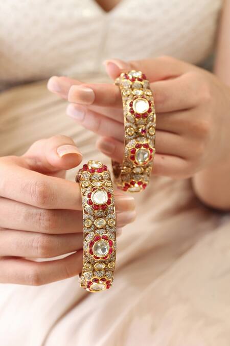 Joules By Radhika_Gold Plated Stones, Cut Work Red Bangles Set_Online_at_Aza_Fashions