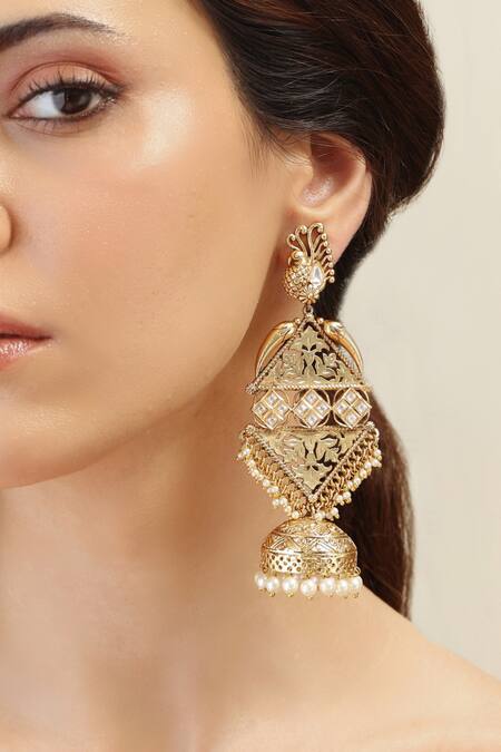 Joules By Radhika_Gold Plated Beads, Zari Kundan Embellished Jhumkas_Online_at_Aza_Fashions