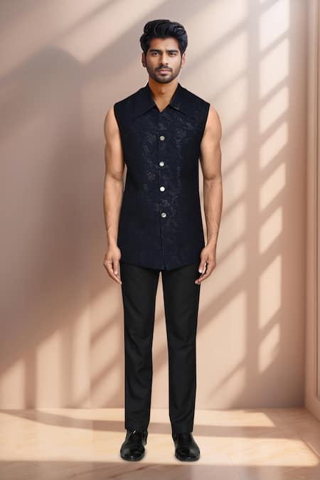 Arihant Rai Sinha Blue Jacquard, Terrycloth Embroidery Geometric Prince Coat Set Online at Aza Fashions Arihant Rai Sinha_Blue Jacquard, Terrycloth Embroidery Geometric Prince Coat Set _Online_at_Aza_Fashions