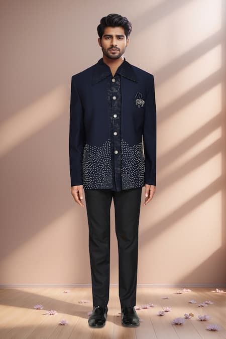 Buy Arihant Rai Sinha Blue Jacquard, Terrycloth Embroidery Geometric Prince Coat Set Online at Aza Fashions Buy_Arihant Rai Sinha_Blue Jacquard, Terrycloth Embroidery Geometric Prince Coat Set _Online_at_Aza_Fashions