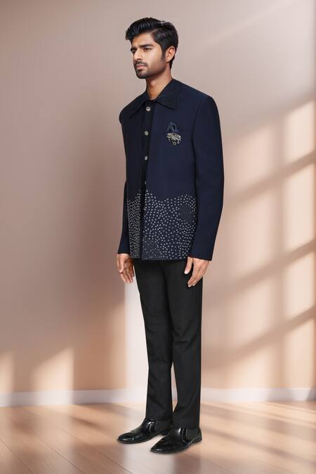 Shop Arihant Rai Sinha Blue Jacquard, Terrycloth Embroidery Geometric Prince Coat Set Online at Aza Fashions Shop_Arihant Rai Sinha_Blue Jacquard, Terrycloth Embroidery Geometric Prince Coat Set _Online_at_Aza_Fashions