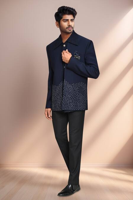 Arihant Rai Sinha Blue Jacquard, Terrycloth Embroidery Geometric Prince Coat Set at Aza Fashions Arihant Rai Sinha_Blue Jacquard, Terrycloth Embroidery Geometric Prince Coat Set _at_Aza_Fashions