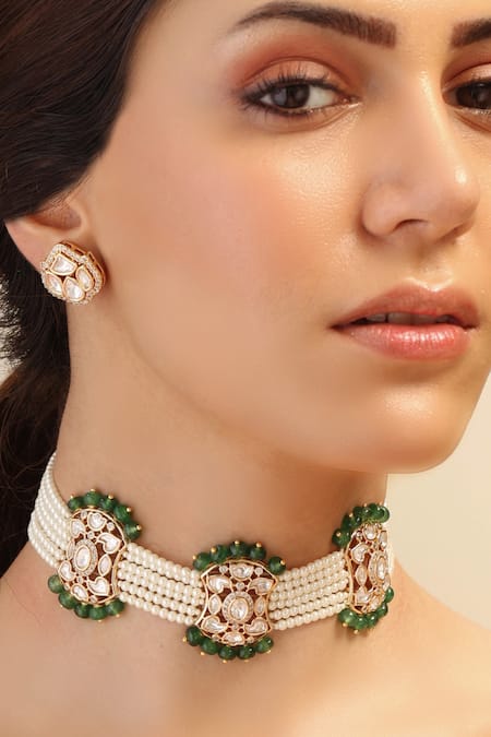 Shop Joules By Radhika Green Pearls, Beads, Stones Gold Finish Bloom Petal Necklace Set at Aza Fashions Shop_Joules By Radhika_Green Pearls, Beads, Stones Gold Finish Bloom Petal Necklace Set _at_Aza_Fashions