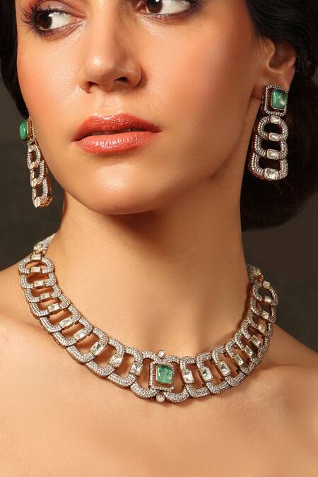 Joules By Radhika Green Stones, Crystals Gold Finish Geometric Necklace Set 2